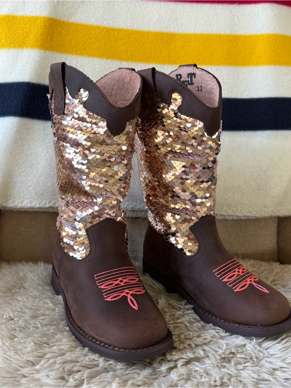 Girls Brown Rose Gold Sequin Western Boots